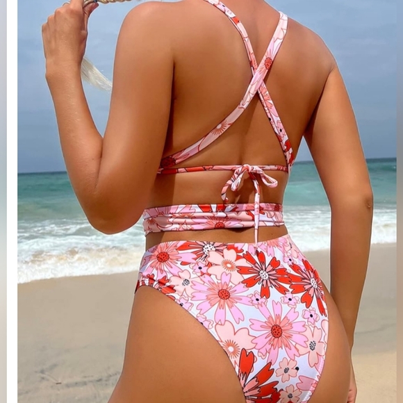 NEW Butterly Barbiecore Pink Floral Wrap Bikini Summer Swimsuit-(#1,457) - Picture 2 of 6